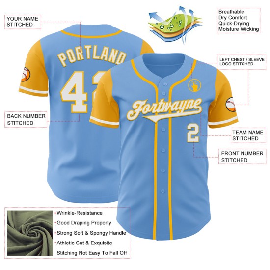 Maglia da baseball leggera bicolore autentica, bianca e oro, blu personalizzata Maglia da baseball leggera bicolore autentica, bianca e oro, blu personalizzata