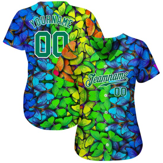 Maglia da baseball multicolore con motivo 3D personalizzata Kelly Design Royal Authentic Green-White Butterflies Maglia da baseball multicolore con motivo 3D personalizzata Kelly Design Royal Authentic Green-White Butterflies