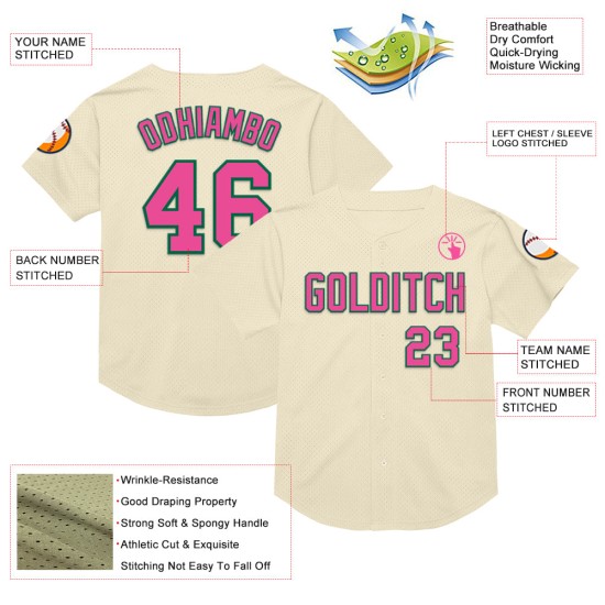 Maglia da baseball autentica personalizzata Pink-Kelly, stile retrò, in rete color crema e verde Maglia da baseball autentica personalizzata Pink-Kelly, stile retrò, in rete color crema e verde
