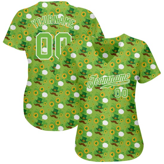 Maglia da baseball di San Patrizio, design personalizzato autentico 3D, verde, motivo marrone-oro neon Maglia da baseball di San Patrizio, design personalizzato autentico 3D, verde, motivo marrone-oro neon