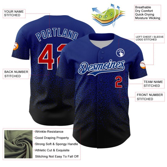 Maglia da baseball personalizzata con motivo 3D sfumato, stile Royal, autentica forma irregolare rosso-nera Maglia da baseball personalizzata con motivo 3D sfumato, stile Royal, autentica forma irregolare rosso-nera