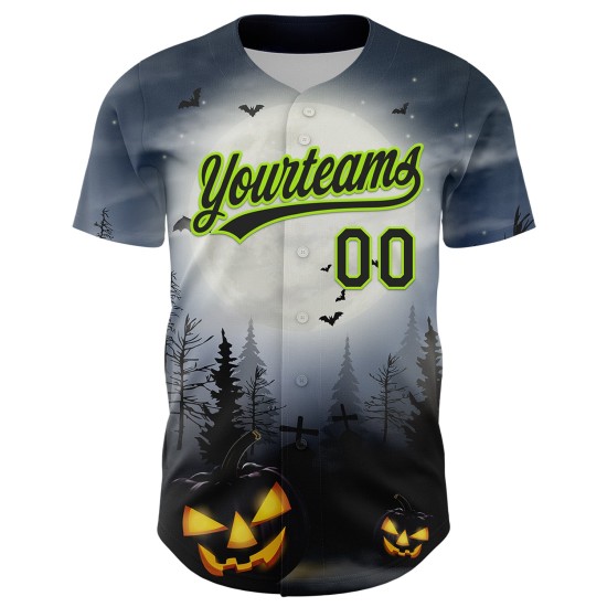 Maglia da baseball personalizzata 3D con motivo verde Halloween autentico grigio nero-neon Maglia da baseball personalizzata 3D con motivo verde Halloween autentico grigio nero-neon
