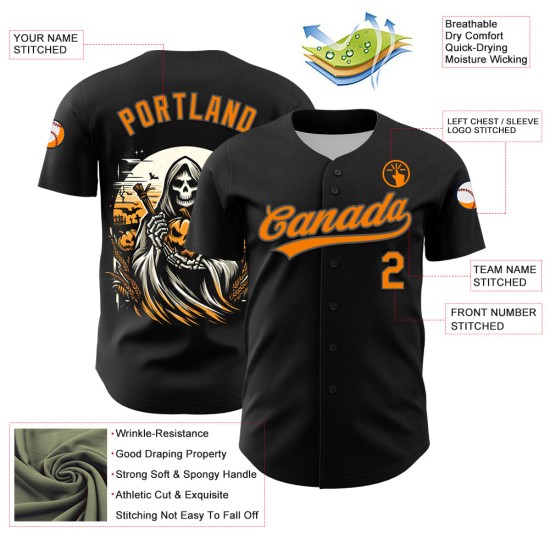 Maglia da baseball personalizzata grigio-arancio-acciaio Halloween autentica nera 3D Bay Maglia da baseball personalizzata grigio-arancio-acciaio Halloween autentica nera 3D Bay