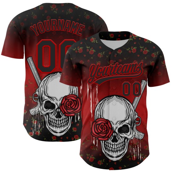 Maglia da baseball personalizzata con motivo gotico rosso 3D in stile rosa nera con teschio, autentica e con pistola Maglia da baseball personalizzata con motivo gotico rosso 3D in stile rosa nera con teschio, autentica e con pistola