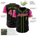 Maglia da baseball autentica personalizzata nera due rosa-verde neon Maglia da baseball autentica personalizzata nera due rosa-verde neon