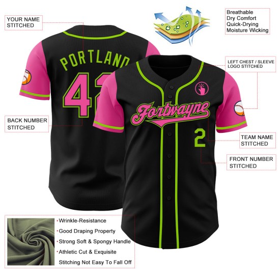 Maglia da baseball autentica personalizzata nera due rosa-verde neon Maglia da baseball autentica personalizzata nera due rosa-verde neon