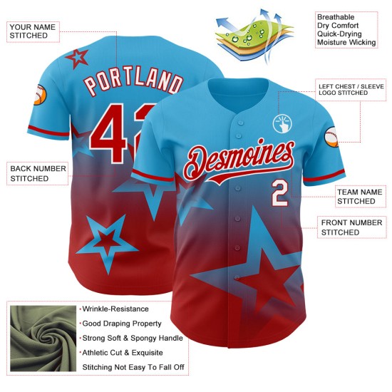 Maglia da baseball personalizzata in stile autentico con design scintillante 3D, motivo rosso-bianco, stella e blu. Maglia da baseball personalizzata in stile autentico con design scintillante 3D, motivo rosso-bianco, stella e blu.
