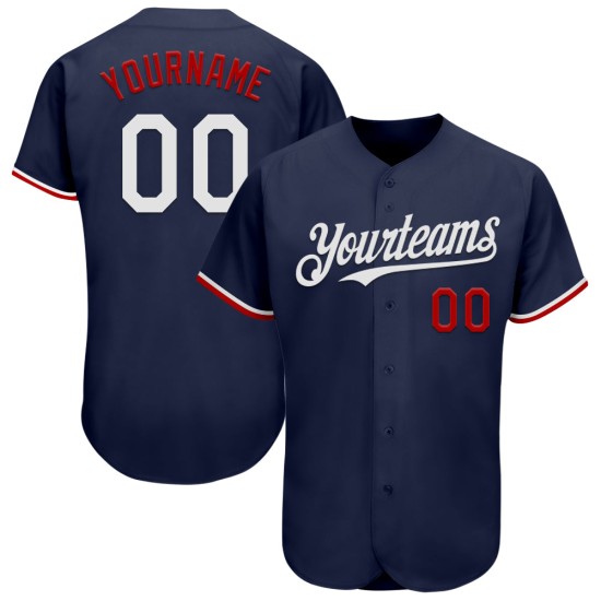 Maglia da baseball blu navy, bianca e rossa, autentica, personalizzata Maglia da baseball blu navy, bianca e rossa, autentica, personalizzata
