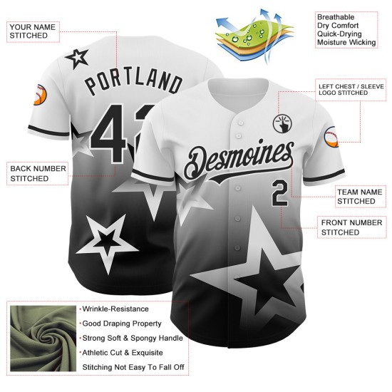 Maglia da baseball Twinkle Authentic 3D Style bianca personalizzata con motivo a stella e sfumatura nera Maglia da baseball Twinkle Authentic 3D Style bianca personalizzata con motivo a stella e sfumatura nera