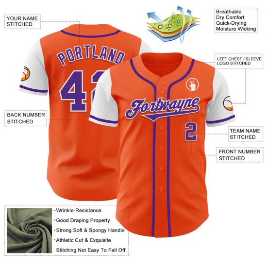 Maglia da baseball personalizzata, autentica, viola-bianca, due arancioni Maglia da baseball personalizzata, autentica, viola-bianca, due arancioni