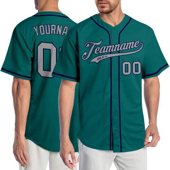 Maglia da baseball autentica personalizzata grigio-blu navy, verde acqua Maglia da baseball autentica personalizzata grigio-blu navy, verde acqua