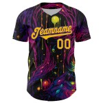 Maglia da baseball autentica personalizzata Tree Rave nera con design 3D e motivo giallo-viola con occhi Maglia da baseball autentica personalizzata Tree Rave nera con design 3D e motivo giallo-viola con occhi