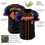 Maglia da baseball nera autentica bicolore arancione-blu personalizzata Maglia da baseball nera autentica bicolore arancione-blu personalizzata