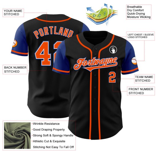 Maglia da baseball nera autentica bicolore arancione-blu personalizzata Maglia da baseball nera autentica bicolore arancione-blu personalizzata