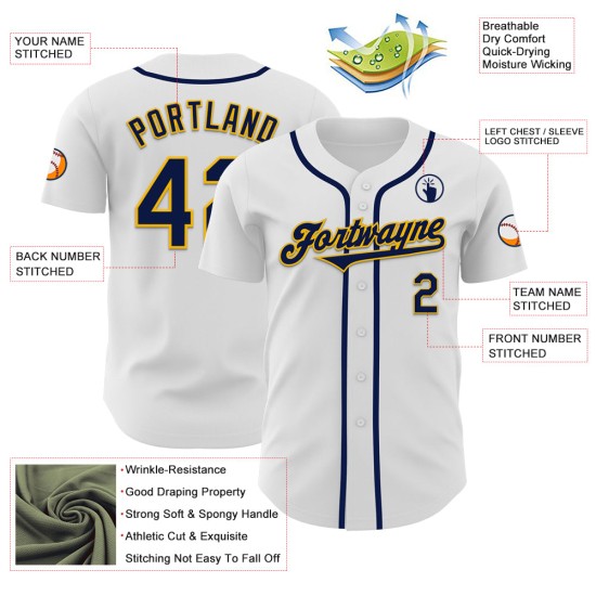 Maglia da baseball autentica personalizzata blu navy e oro bianca Maglia da baseball autentica personalizzata blu navy e oro bianca
