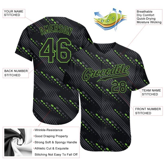 Maglia da baseball personalizzata nera-neon 3D con design verde e motivo autentico Maglia da baseball personalizzata nera-neon 3D con design verde e motivo autentico