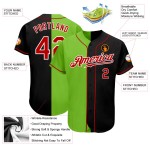 Maglia da baseball autentica personalizzata nera e verde, stile split rosso-neon Maglia da baseball autentica personalizzata nera e verde, stile split rosso-neon