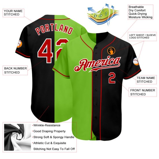 Maglia da baseball autentica personalizzata nera e verde, stile split rosso-neon Maglia da baseball autentica personalizzata nera e verde, stile split rosso-neon
