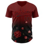 Maglia da baseball autentica nera e rossa gotica con motivo a rosa 3D, design cremisi personalizzato Maglia da baseball autentica nera e rossa gotica con motivo a rosa 3D, design cremisi personalizzato