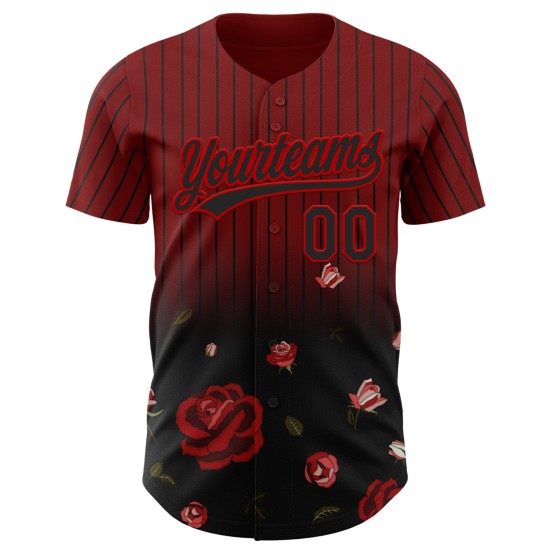 Maglia da baseball autentica nera e rossa gotica con motivo a rosa 3D, design cremisi personalizzato Maglia da baseball autentica nera e rossa gotica con motivo a rosa 3D, design cremisi personalizzato