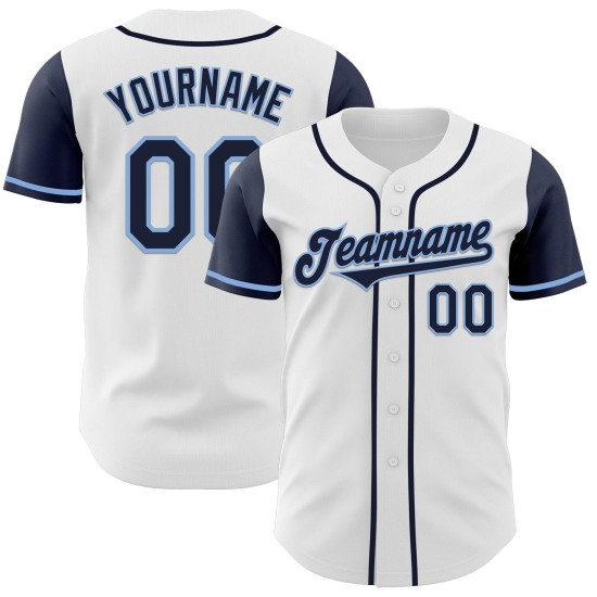Maglia da baseball autentica personalizzata in due tonalità, bianca, blu navy e chiara Maglia da baseball autentica personalizzata in due tonalità, bianca, blu navy e chiara