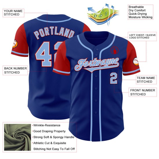 Maglia da baseball personalizzata in tonalità blu-rosso reale, autentica e leggera Maglia da baseball personalizzata in tonalità blu-rosso reale, autentica e leggera