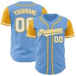 Maglia da baseball leggera bicolore autentica, bianca e oro, blu personalizzata Maglia da baseball leggera bicolore autentica, bianca e oro, blu personalizzata