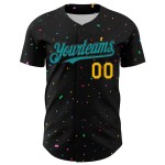 Maglia da baseball personalizzata con motivo a coriandoli neri, autentica in 3D, verde acqua e oro Maglia da baseball personalizzata con motivo a coriandoli neri, autentica in 3D, verde acqua e oro