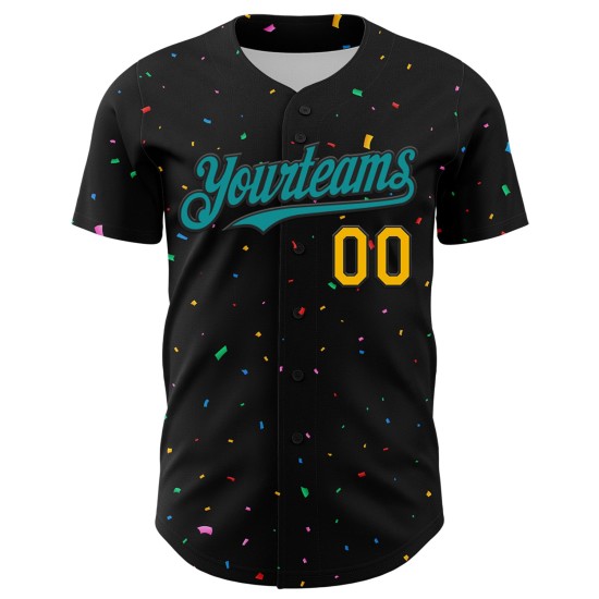 Maglia da baseball personalizzata con motivo a coriandoli neri, autentica in 3D, verde acqua e oro Maglia da baseball personalizzata con motivo a coriandoli neri, autentica in 3D, verde acqua e oro