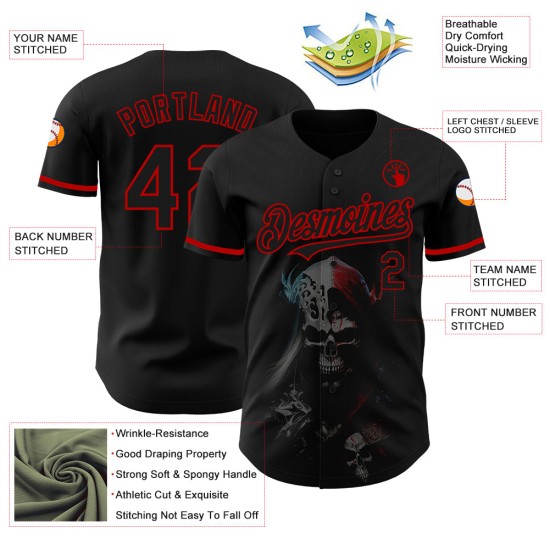 Maglia da baseball autentica personalizzata nera con teschio rosso alla moda 3D Maglia da baseball autentica personalizzata nera con teschio rosso alla moda 3D