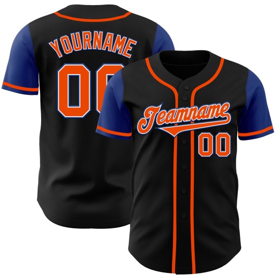 Maglia da baseball nera autentica bicolore arancione-blu personalizzata Maglia da baseball nera autentica bicolore arancione-blu personalizzata