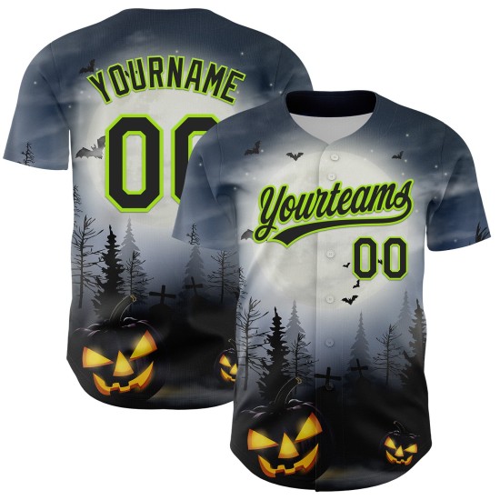 Maglia da baseball personalizzata 3D con motivo verde Halloween autentico grigio nero-neon Maglia da baseball personalizzata 3D con motivo verde Halloween autentico grigio nero-neon