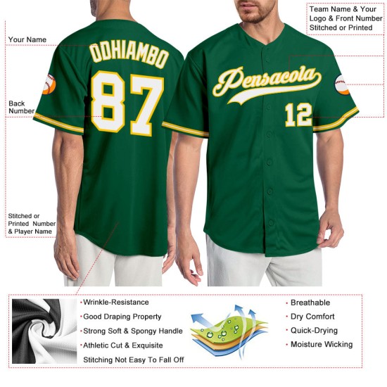Maglia da baseball Kelly personalizzata autentica verde, bianca e oro Maglia da baseball Kelly personalizzata autentica verde, bianca e oro
