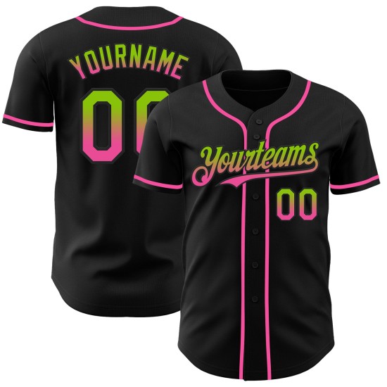 Maglia da baseball personalizzata nera neon sfumata verde-rosa, autentica moda Maglia da baseball personalizzata nera neon sfumata verde-rosa, autentica moda