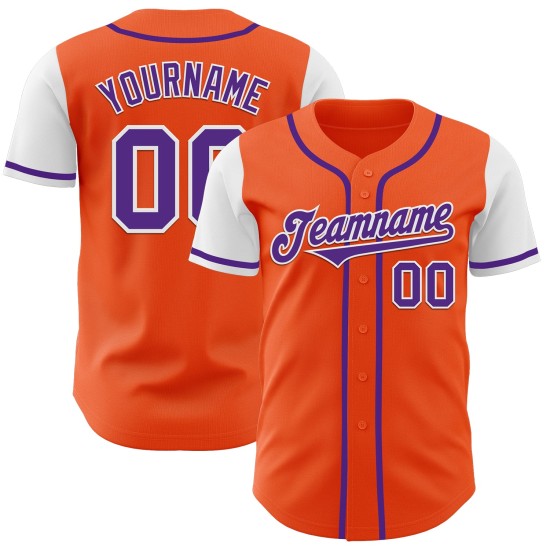 Maglia da baseball personalizzata, autentica, viola-bianca, due arancioni Maglia da baseball personalizzata, autentica, viola-bianca, due arancioni