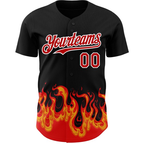 Maglia da baseball personalizzata con motivo 3D nero fiamma autentico rosso-bianco Maglia da baseball personalizzata con motivo 3D nero fiamma autentico rosso-bianco