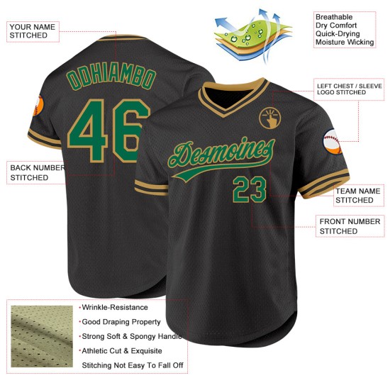Maglia da baseball Kelly Gold Green-Old Custom, autentica, retrò, nera Maglia da baseball Kelly Gold Green-Old Custom, autentica, retrò, nera