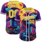 Maglia da baseball personalizzata Rave Rex Design Pattern 3D autentica viola oro-bianca Maglia da baseball personalizzata Rave Rex Design Pattern 3D autentica viola oro-bianca