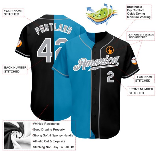 Maglia da baseball personalizzata blu nera, divisa grigia-pantera, moda autentica Maglia da baseball personalizzata blu nera, divisa grigia-pantera, moda autentica